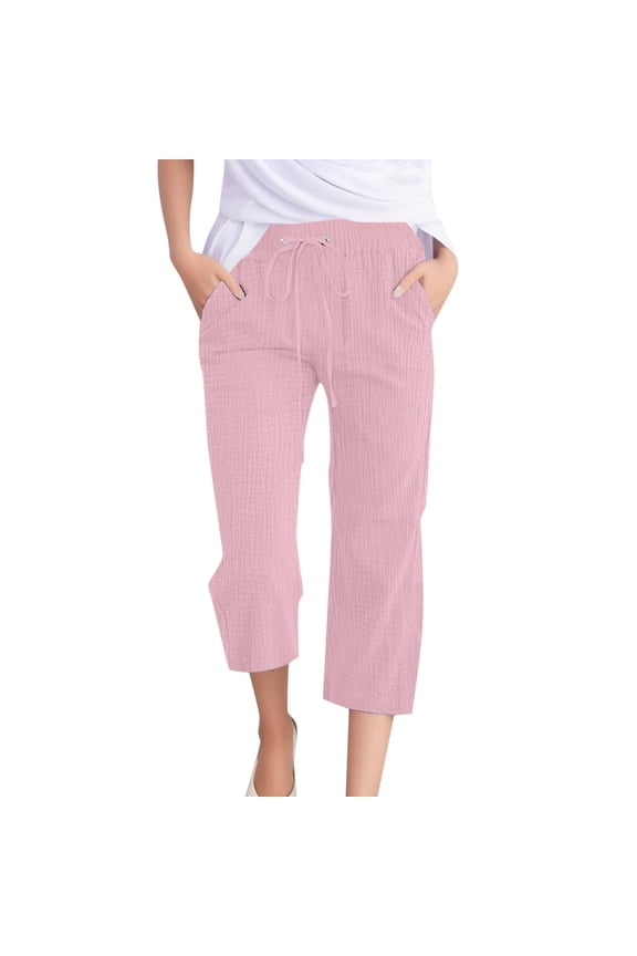 Womens Pants Casual Solid Color Weave Breathable 7/8 Pants Versatile Trousers Pink