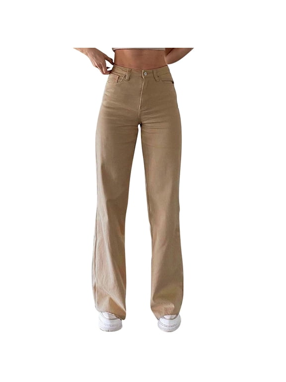 Womens Pants Solid Color Jeans Sagging Loose Slim Waist Straight Pants Casual Jeans Travel Trousers Khaki