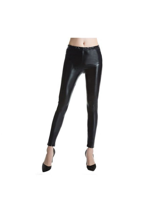 Womens Pants Stretchy Leather Leggings Pants Black High Waisted Tights Travel Trousers Black