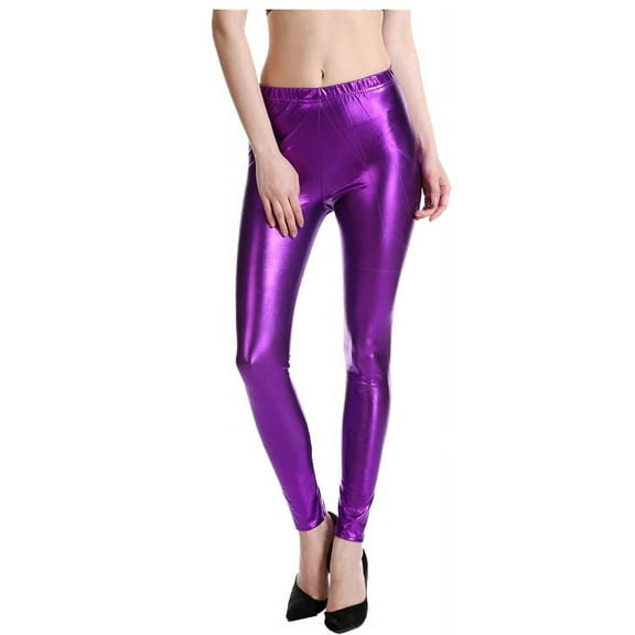 Glisme Womens Pants Stretchy Leather Leggings Pants Black High Waisted Tights Versatile Trousers Purple
