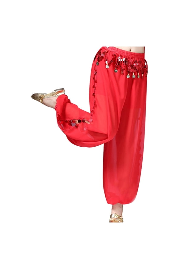 Womens Pants Stylish Belly Dance Pants Chiffon Split Wide Leg Dance Pants Sequined Pants Leisure Trousers Red