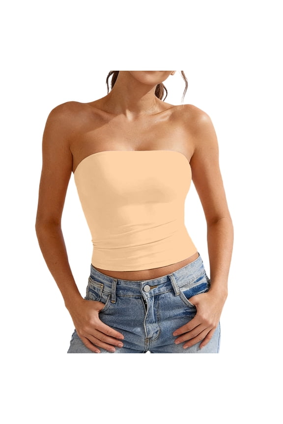 Womens Ribbed Tube Tops With Built In Bra Strapless Bandeau Shirts For Everyday Wear Light Yellow M