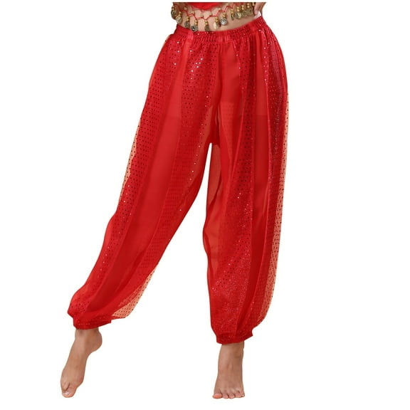 Glisme Womens Sequin Pants Belly Dance Performance Dance Pants Chiffon Highlight Pants Comfy Trousers Red