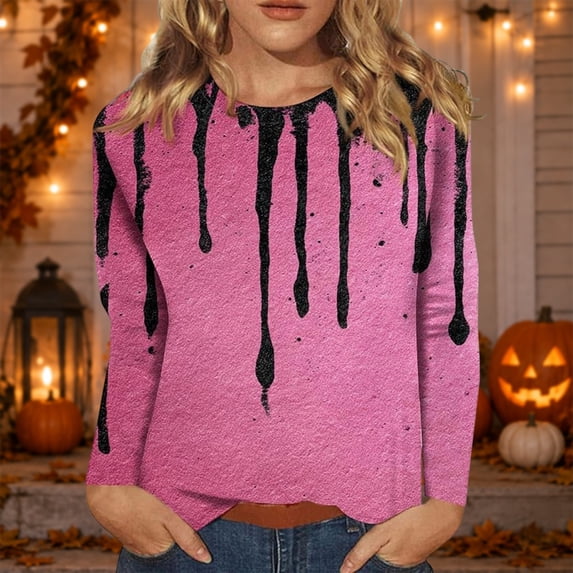 Glisme Womens T Shirts O Neck Cartoon Pattern Blouses Long Sleeve Tops ...