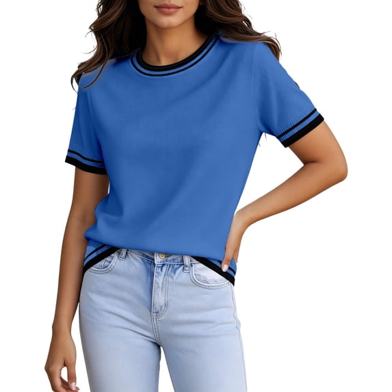 Glisme Womens T Shirts Short Sleeve Tee Crewneck Solid Color T Shirt Simple Wear S Blue