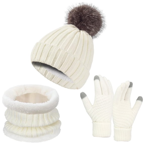 Glisme Womens Winter Hat Scarf Glove Set Thermal Lined Knit Hat Warm Long Scarf Winter 3 Pcs Set Cold Resistant Accessories White