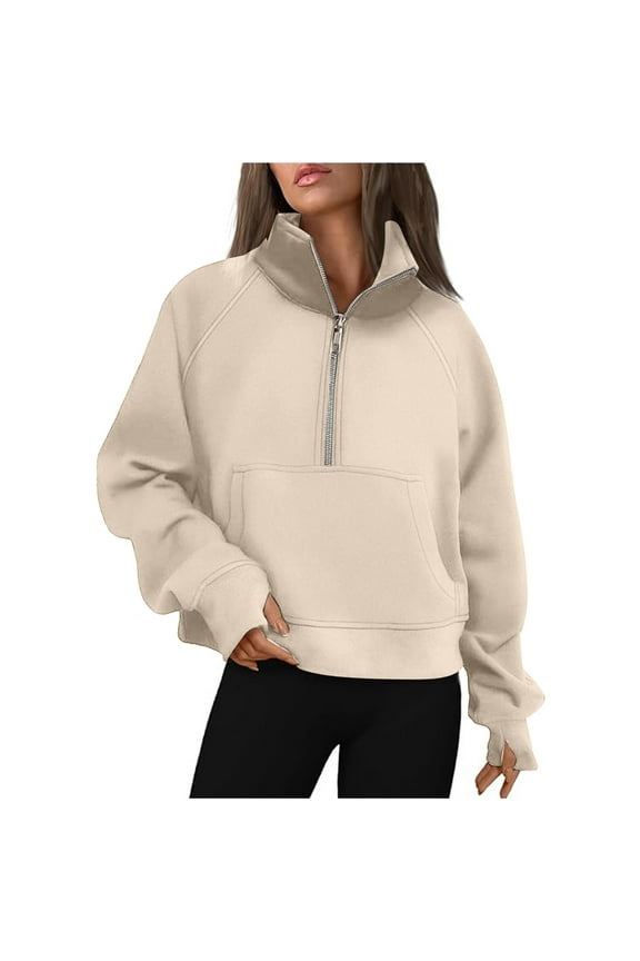 Zip Up Hoodies For Women Autumn And Winter New Sports Half Zip Yoga Wear Loose Stand Up Collar Sweater Fashion Pullover Modern Fit Sportswear Beige