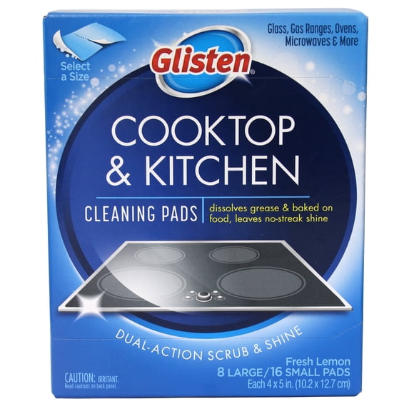 Glisten Cooktop & Kitchen Cleaning Pads, Dual-Action Scrub & Shine, Fresh Lemon, 8 Large/16 Small Pads