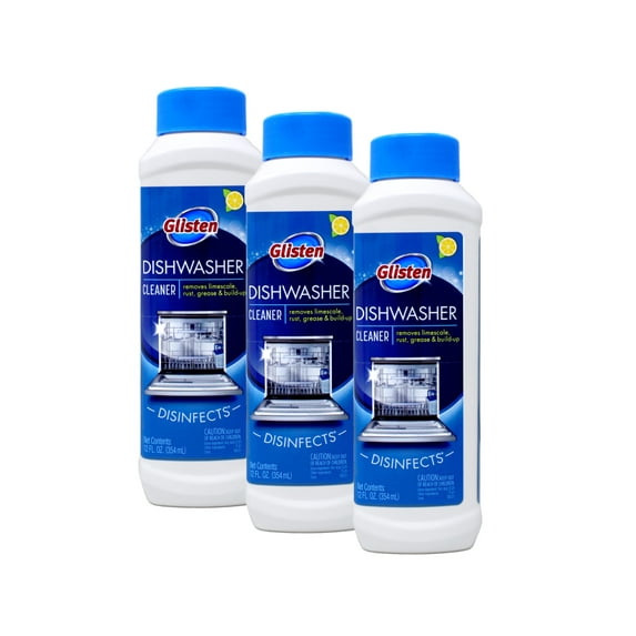 Glisten Dishwasher Cleaner, Removes Limescale, Rust, Buildup, and Grease, Lemon Scent, 12 Ounce Bottle, 3-Pack