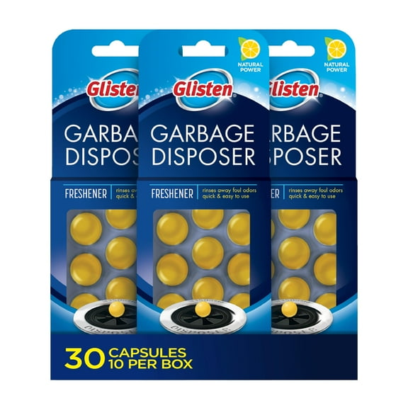 Glisten Garbage Disposer Freshener, Sink Disposal Odor Eliminator, Quick and Easy-to-Use, Lemon Scent, 30 Capsules Total