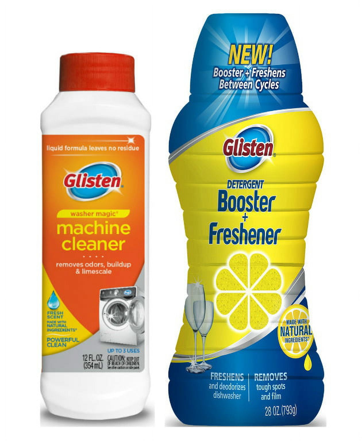 Glisten Washer Magic Washing Machine Cleaner and Deodorizer, 12 Fl Oz, and  Dishwasher Detergent Booster 