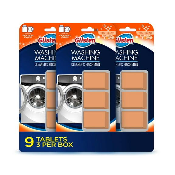 Glisten Washing Machine Cleaner and Freshener Deodorizer for All Top Load and Front Load Washers and HE Machines, Made in the USA, Fresh Scent, 9 Tablets