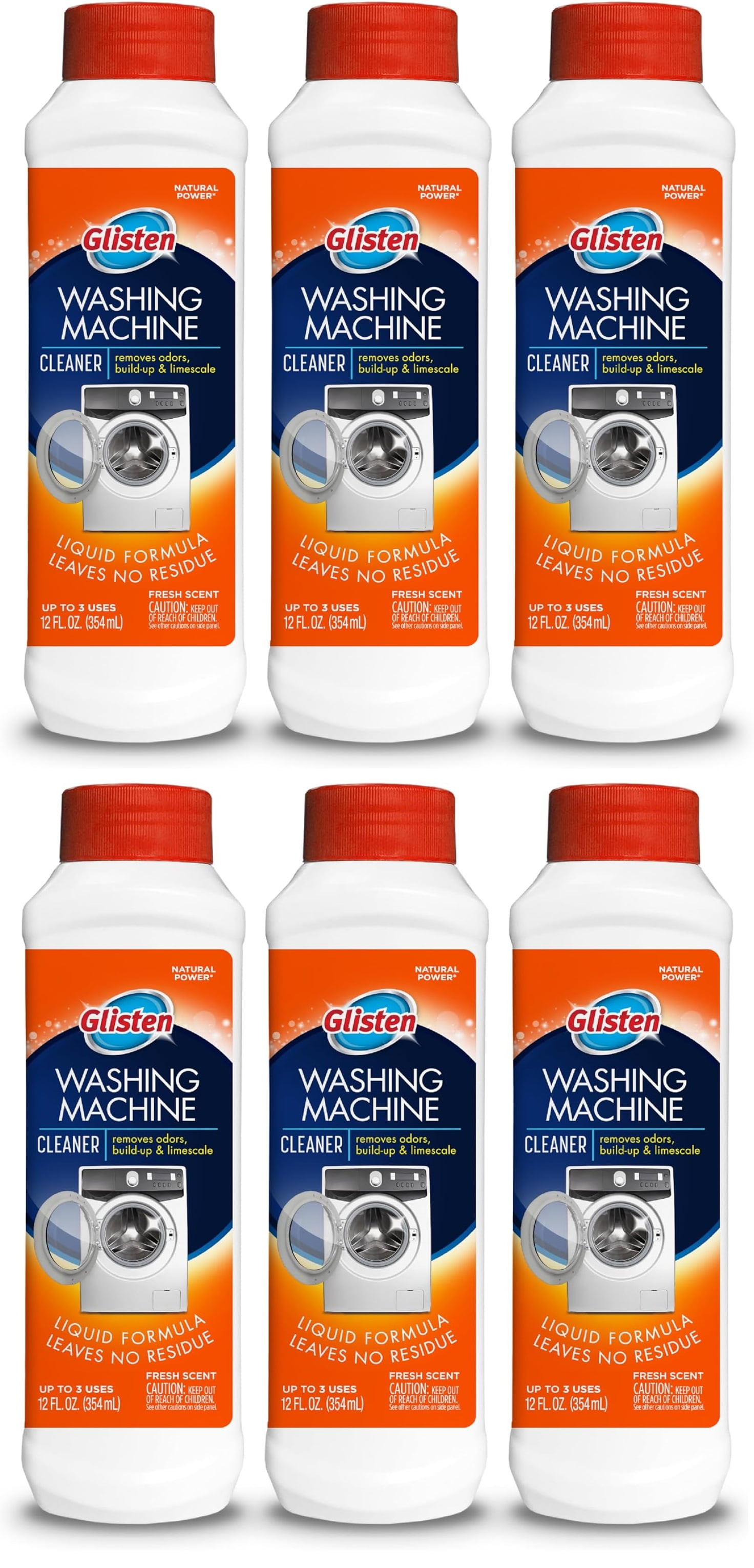 Glisten Washing Machine Cleaner, Helps Remove Odor, Buildup and Limescale, Fresh Scent, 12 Ounce Bottle, 6-Pack