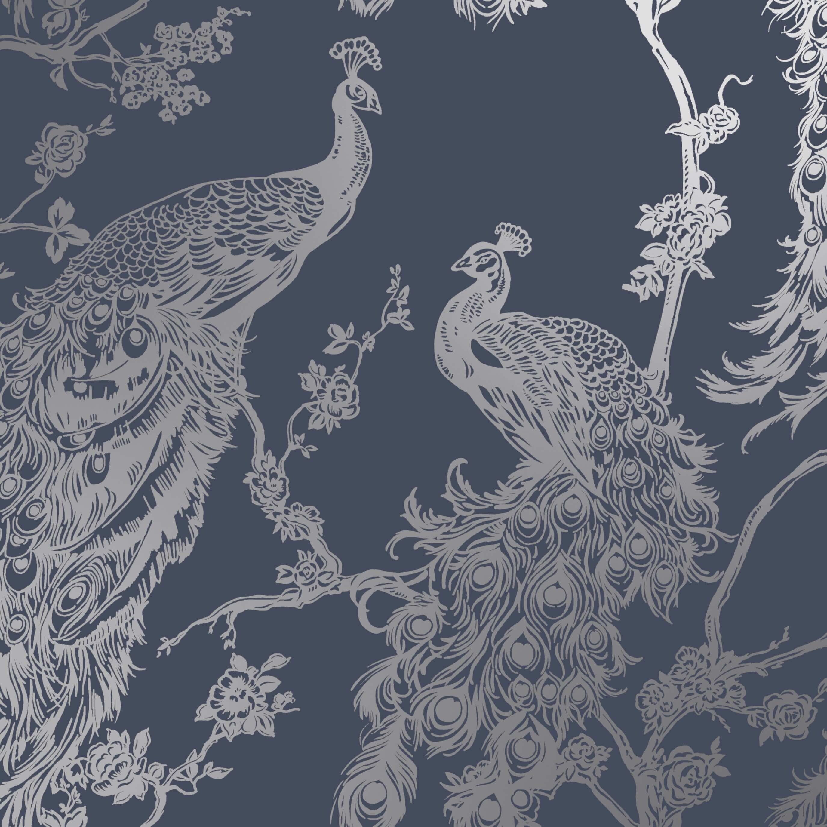 Navy Blue Metallic Peacock Trail Wallpaper 396in x 20.8in