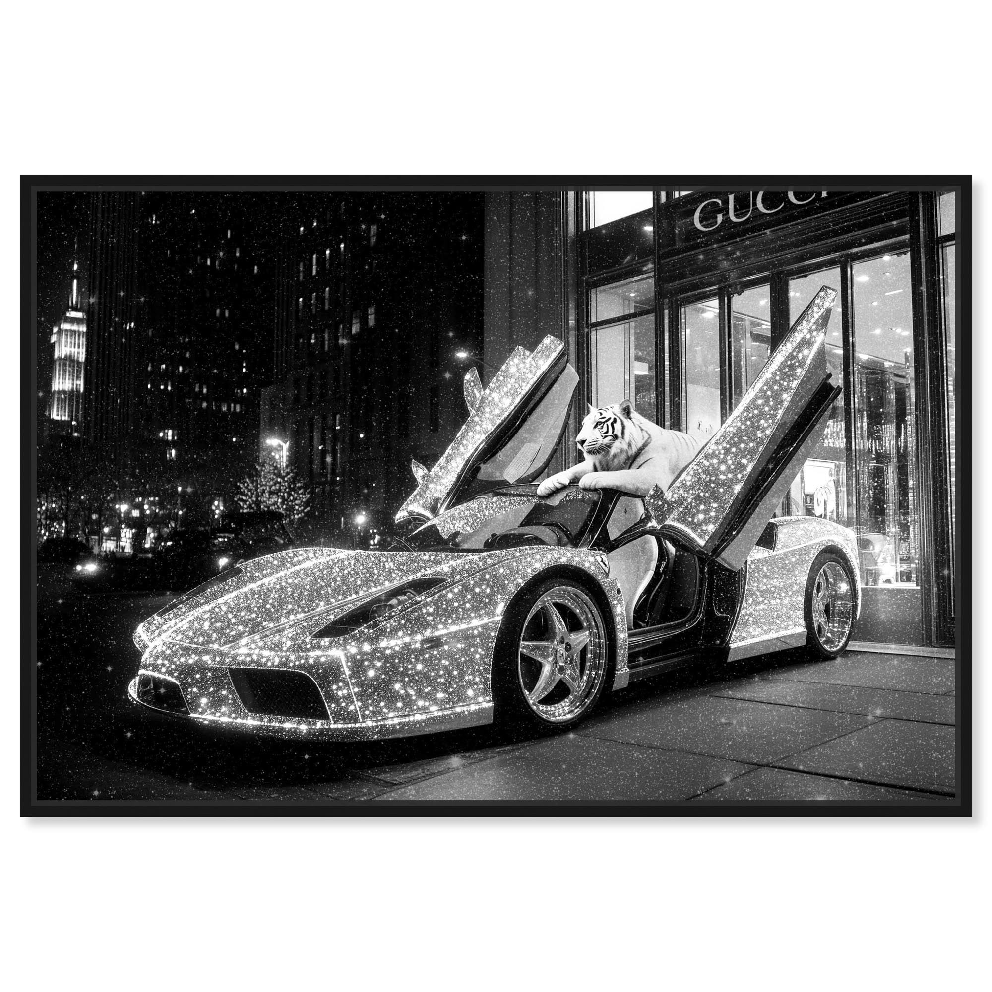 Glistening Tiger and Car Canvas Luxury Cars Prints by Art Remedy, Black Frame, 36 x 24