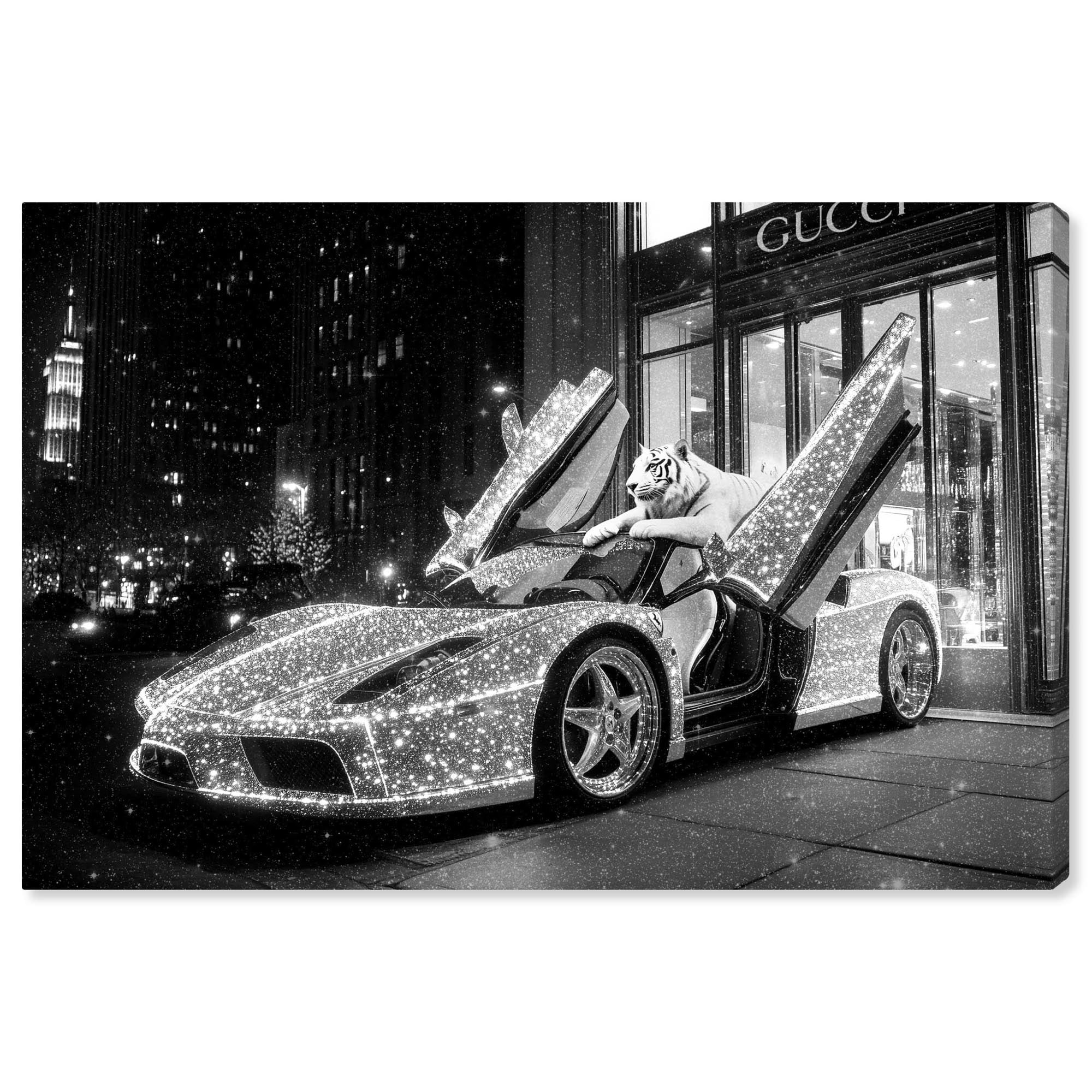 Glistening Tiger and Car Canvas Luxury Cars Prints by Art Remedy, Gallery Wrapped, 30 x 20