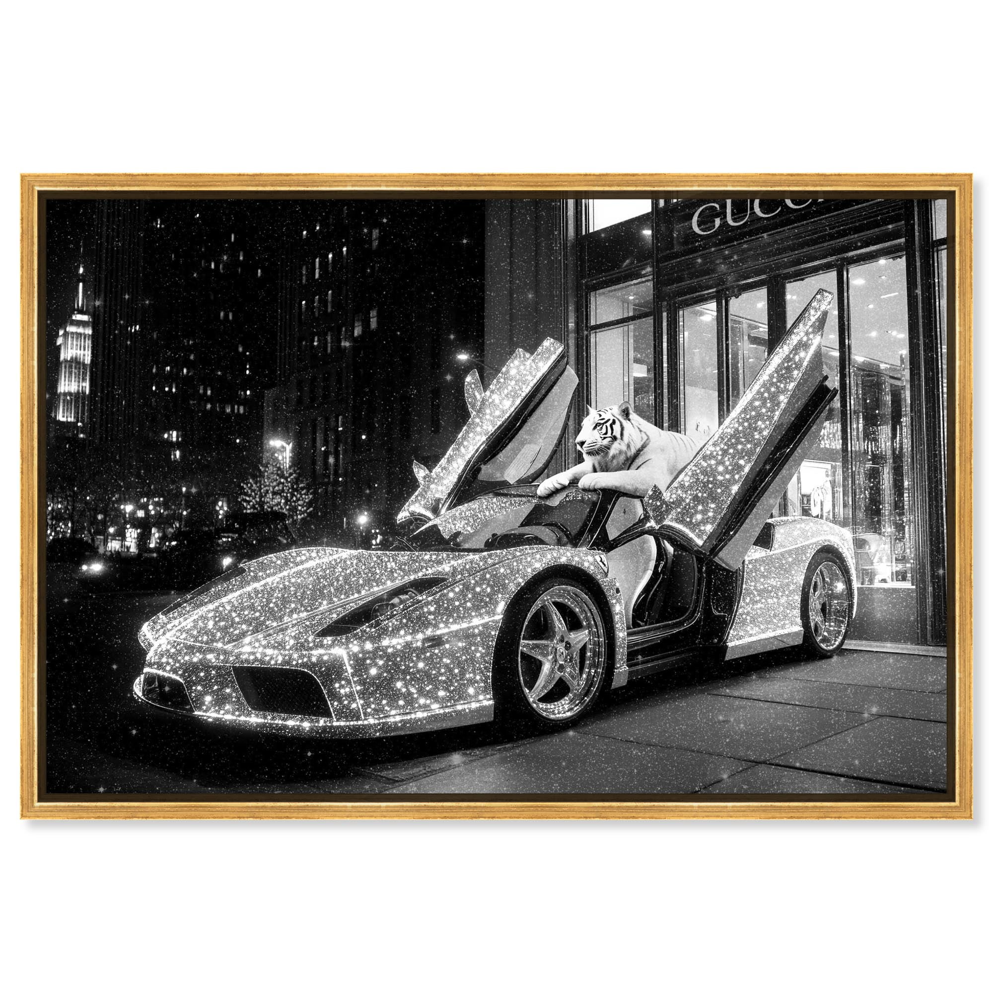 Glistening Tiger and Car Canvas Luxury Cars Prints by Art Remedy, Gold Frame, 24 x 16