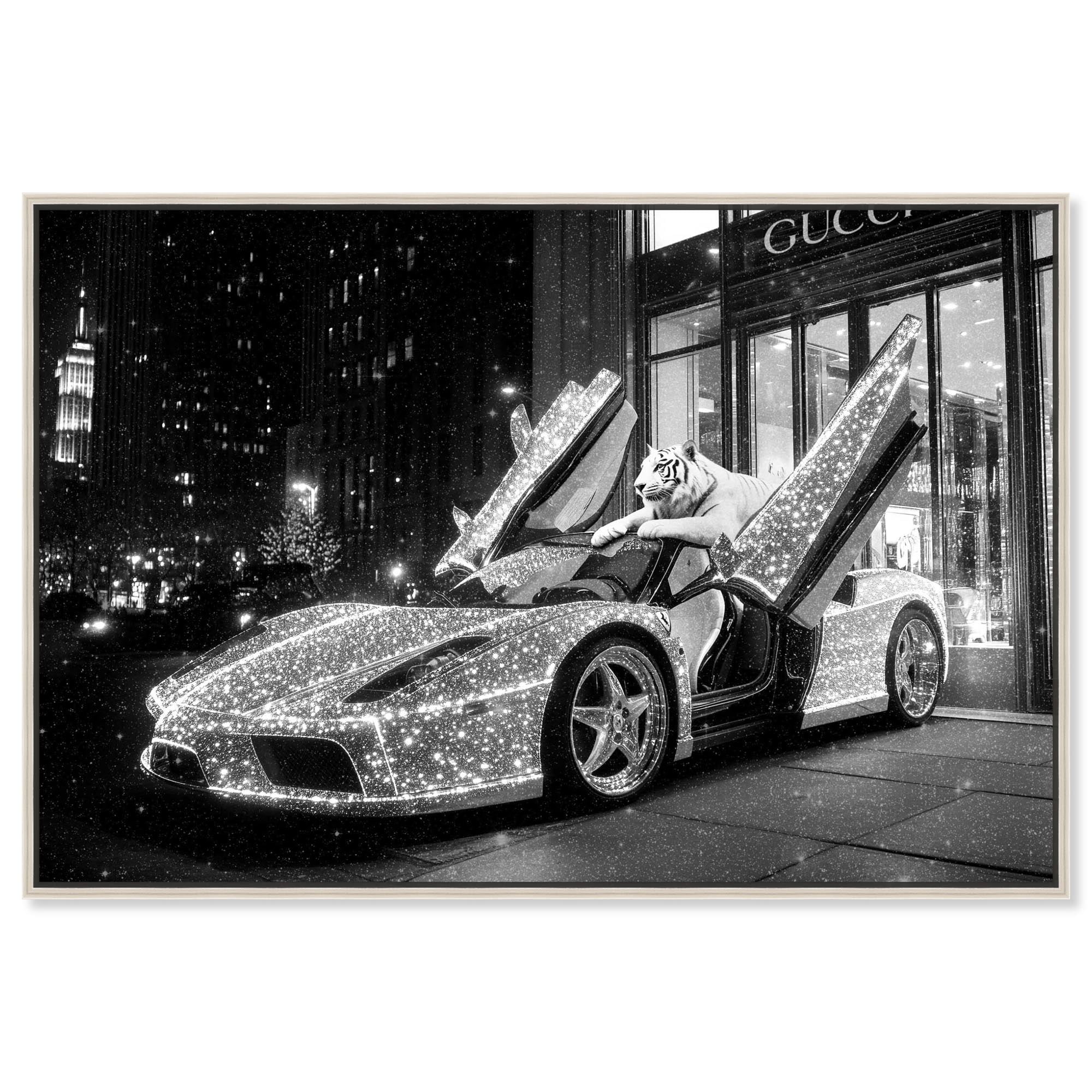 Glistening Tiger and Car Canvas Luxury Cars Prints by Art Remedy, Silver Frame, 30 x 20