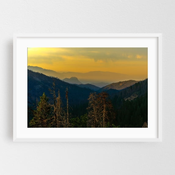Glistening sunlight paints the mountains at dusk - California Photography Sunset Nature Landscape Mountain Scenic Wilderness Forest White Framed Wall Art Print 12 x 18 inches