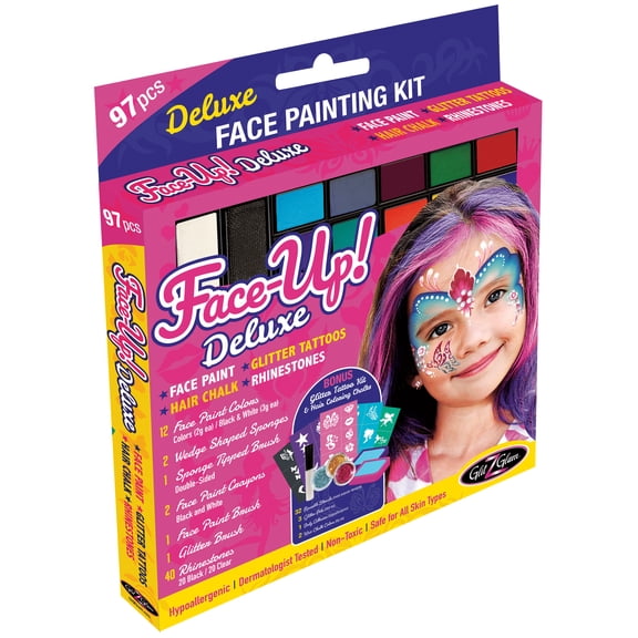 GlitZGlam Original XL Face Paint Kit  FACE-UP Deluxe: 97 Piece, 3 in1 Face Paint, Glitter Tattoos with 32 Reusable Stencils, Rhinestones AND Hair Coloring Chalk. Hypoallergenic & Dermatologist-Tested