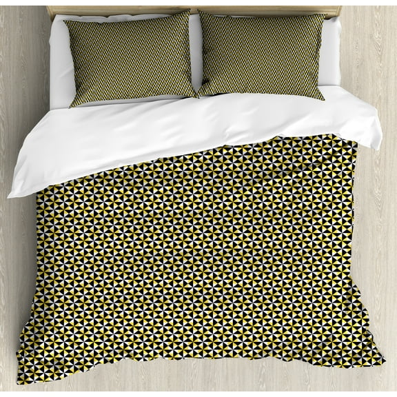 Glitch Duvet Cover Set, Rhythmic Abstract Geometric Bicolour Art Illustration Print, Decorative 3 Piece Bedding Set with 2 Pillow Shams, Queen Size, Mustard Charcoal Grey, by Ambesonne
