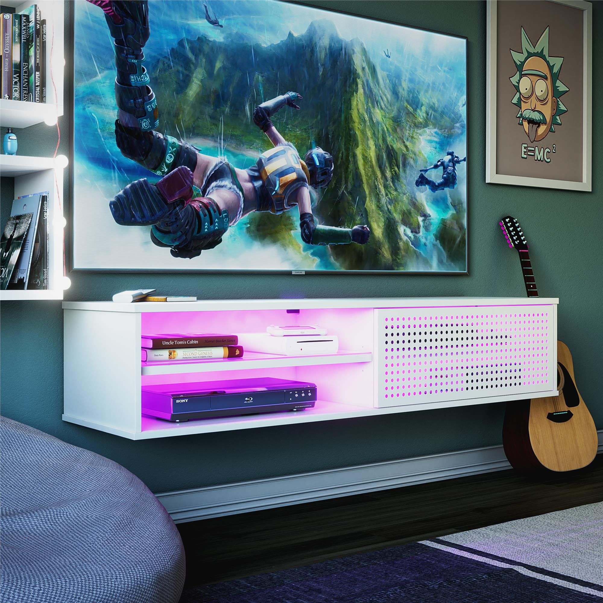 White MDF Floating TV Stand with Cabinet and LED Lighting
