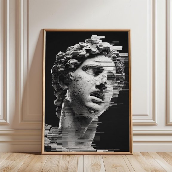 Glitch Greek Marble Bust Cyberpunk Black And White Wall Art, Unframed Paper Print