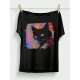 Glitch Neon Cat Artwork Tee Featuring RGB Vaporwave Effects and Digital ...