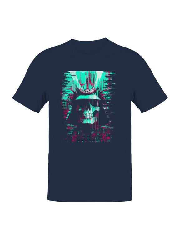 Glitch Samurai Skull Design Navy Men's T-shirt