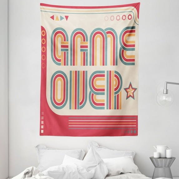 Glitch Tapestry, Game over Screen Vintage Lines 80's Look Stars Print, Wall Hanging for Bedroom Living Room Dorm Decor, 60W X 80L Inches, Champagne Dark Cadet Blue and Pale Orange, by Ambesonne