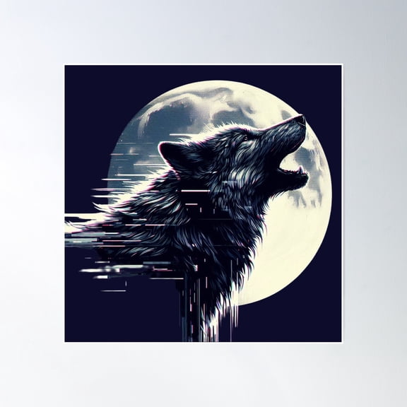 Glitched Wolf Howling At The Moon Poster Wall Art, Modern Wall Decor, 16x16 UNFRAMED