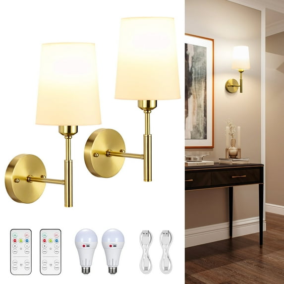 Glitnous Battery Operated Wall Sconce Set of Two,Dimmable Wireless LED Wall Lighting Fixture Indoor with Remote, Modern Gold Wall Lights with Fabric Linen Shade for Bedroom, Living Room