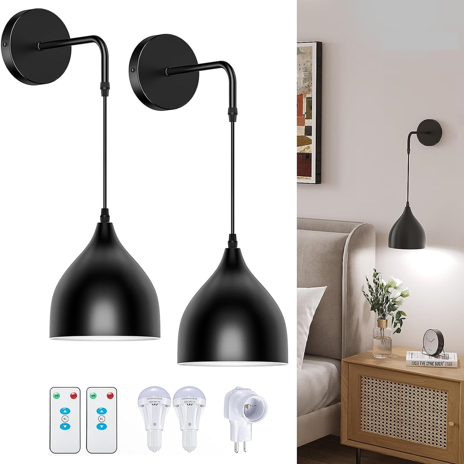 Glitnous Battery Operated Wall Sconces Set of Two, Black Wall Light