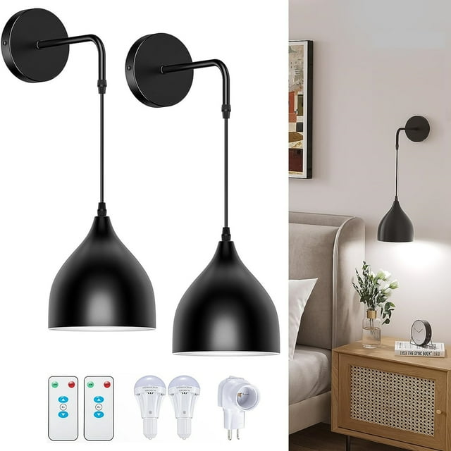 Glitnous Battery Operated Wall Sconces Set of Two, Black Wall Light