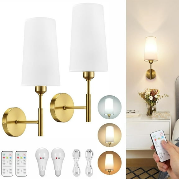 Glitnous Modern Dimmable 2-Light LED Brass Bedroom, Living Room Battery Operated Wall Sconces (2 Count)