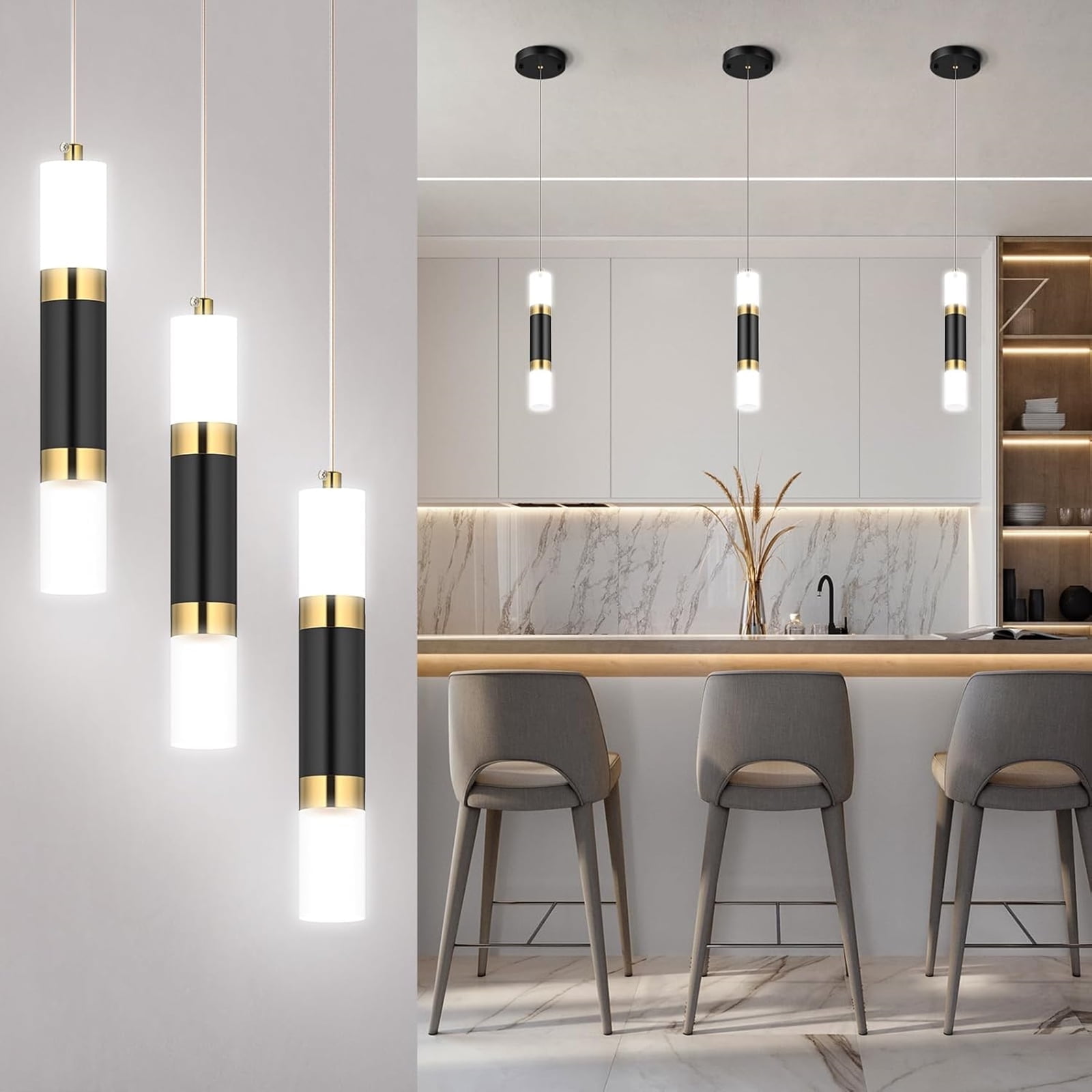 Glitnous Pendant Lighting 3 Light Ceiling Lights Hanging Lamp Black Gold LED Pendant Lights Fixtures Over The Sink Light for Kitchen Island Dining Room Bedroom Hanging LED Lights