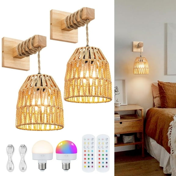 Glitnous Rechargeable Wall Sconce, Battery Operated Wall Sconce with Remote Control, Boho Rattan Hanging Wall Sconce Wireless for Bedroom, Living Room, Entryway