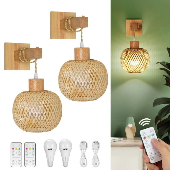 Glitnous Set of 2 Battery Operated Wall Sconce with Remote Control, Rechargeable Rattan Wall Sconces with Bulb, Wireless Woven Bamboo Lantern Wall Light Boho Wall Lamp for Bedroom Living Room Hallway