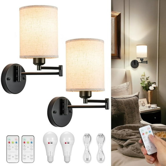 Glitnous Set of 2 Wall Sconces with Remote , Industrial Swing Arm Wall Light with Bulbs, Battery Operated Wall Sconce, Rechargeable Wireless Wall Sconce/Lamp for Bedroom Hallway, Linen Fabric