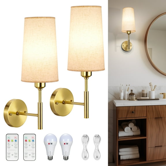 Glitnous Wall Sconces Set of 2, Battery Operated Wall Sconce with Remote Control, Gold Wireless Wall Lights, Dimmable Rechargeable Wall Lamp Lighting with Linen Shade For Bedroom Hallway Corridor