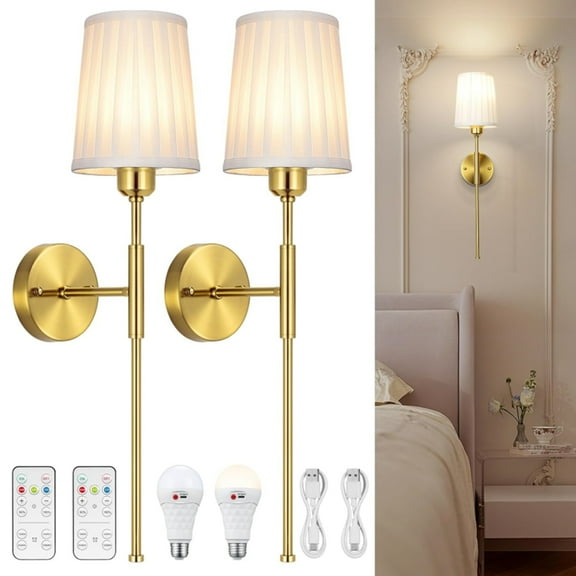 Glitnous Wall Sconces Set of 2, Battery Operated Wall Sconce with Remote, Wireless Wall LIghts Dimmable Wall Lamp with White Fabric Shade, Rechargeable Wall Light Fixture For Bedroom, Bulb Included