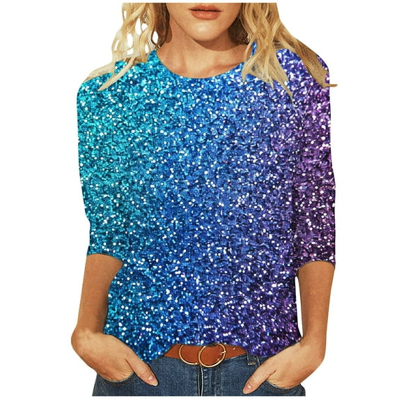 Glitter 3/4 Sleeve Tops for Womens Summer Tshirts Casual Loose Round Neck Tee Shirts Pullover Tunic