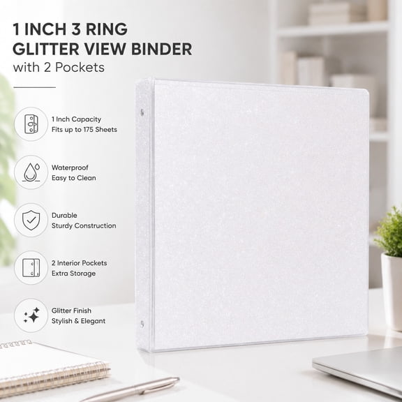 Glitter 3 Ring Binder 1 Inch with 2 Pockets, Sparkle Fashion Design, Durable School and Office Supplies Organizer, White