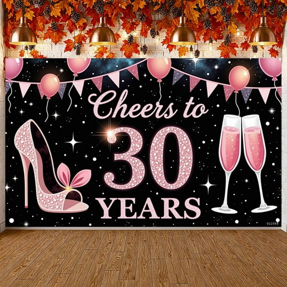 Glitter 30th Birthday Banner Pink Milestone Backdrop High Heels Champagne Glasses Women's 30th Background for 30th Birthday Party Women's Celebration Milestone Event