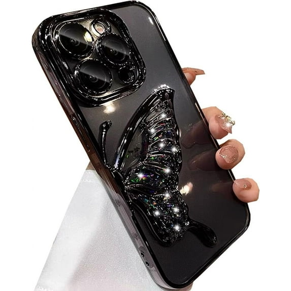 Glitter 3D Butterfly Case for iPhone 14 Pro Max, Cute Luxury Bling Sparkle Liquid Flowing Case with Camera Lens Protector Plating Bumper Women Girls Case for iPhone 14 Pro Max 6.7" (Black)