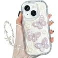 thumbnail image 1 of Glitter 3D Butterfly Case for iPhone 15 Plus, Cute Curly Wave Frame Bling Sparkly Floral Pearl with Wrist Strap Chain Soft TPU Aesthetic Women Girls Phone Case for iPhone 15 Plus 6.7" (Clear), 1 of 4