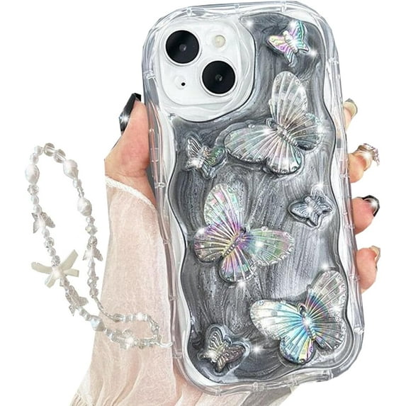 Glitter 3D Butterfly Case for iPhone 15 Plus, Cute Curly Wave Frame Bling Sparkly Floral Pearl with Wrist Strap Chain Soft TPU Aesthetic Women Girls Phone Case for iPhone 15 Plus 6.7" (Clear)