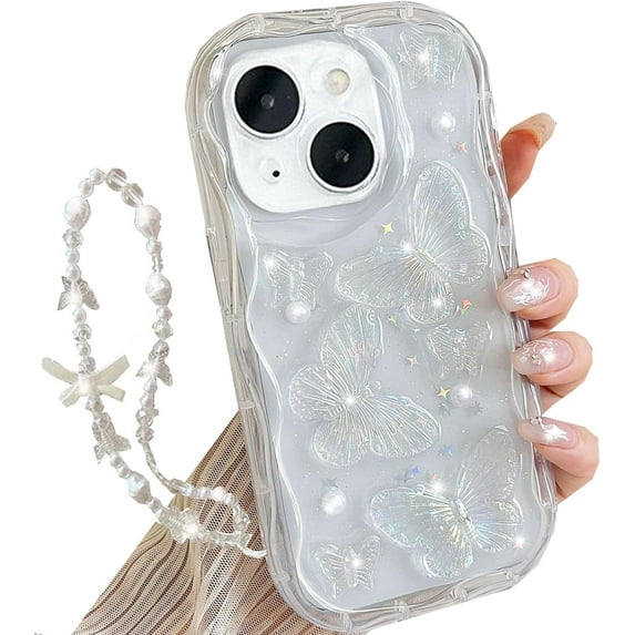 Glitter 3D Butterfly Case for iPhone 15 Plus, Cute Curly Wave Frame Bling Sparkly Floral Pearl with Wrist Strap Chain Soft TPU Aesthetic Women Girls Phone Case for iPhone 15 Plus 6.7" (Clear)