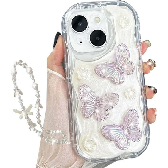 Glitter 3D Butterfly Case for iPhone 15 Plus, Cute Curly Wave Frame Bling Sparkly Floral Pearl with Wrist Strap Chain Soft TPU Aesthetic Women Girls Phone Case for iPhone 15 Plus 6.7" (Clear)