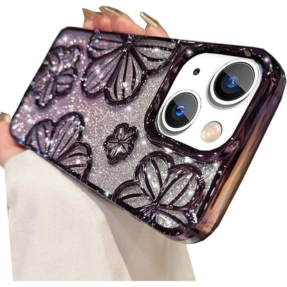 Glitter 3D Flower Case for iPhone 15 Plus, Cute Luxury Gradient Bling Sparkly Paper Soft TPU Plating Bumper Clear Shockproof Slim Women Girls Protective Cover for iPhone 15 Plus 6.7" (Pink)
